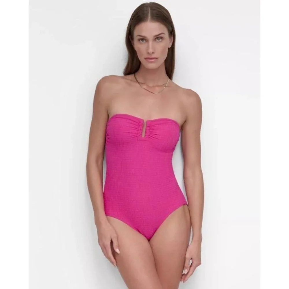 DKNY Women's Textured One-Piece Piece Strapless Swimsuit in Wildberry Pink XL - Picture 1 of 7